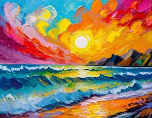 Colorful sky and ocean wave abstract background. Oil painting style. Made with Generative AI.