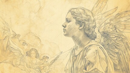 Fototapeta premium St. Gabriel the Archangel in Annunciation, Celestial Landscape, Biblical Illustration, Beige Background, Copyspace