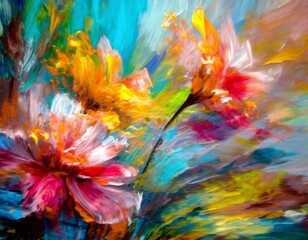 Oil painting of flowers. Abstract art background. Colorful flowers. Made with Generative AI.