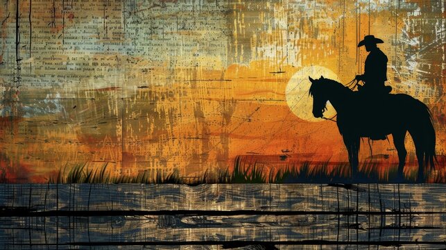 A rustic background with a silhouette of a cowboy on horseback adorned with a quote from a famous cowboy poet.