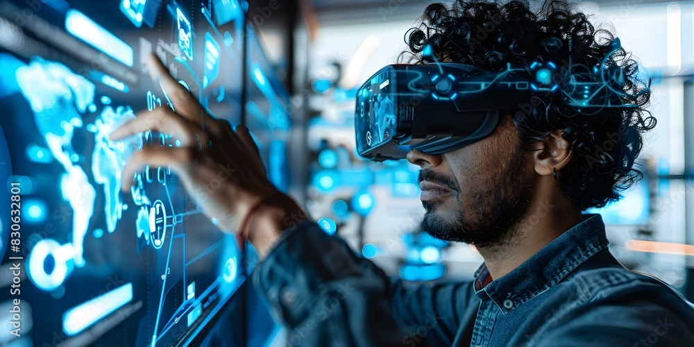 Poster interacting with ai through virtual graphics: a tech businessman in a futuristic and advanced techno