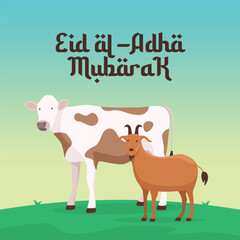 Eid al Adha vector design template good for celebration usage. cow and goat vector illustration. flat design. eps 10.