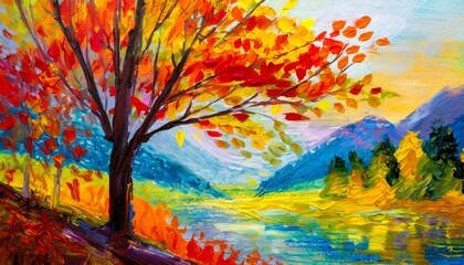 Painting of a tree with colorful flowers in the autumn season. Oil color painting. Generative AI.