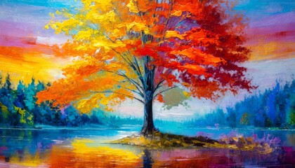 Painting of a tree with colorful flowers in the autumn season. Oil color painting. Generative AI.
