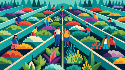 Rows upon rows of colorful plants and herbs the result of a collaborative effort between diverse community members in a shared garden space.. Vector illustration