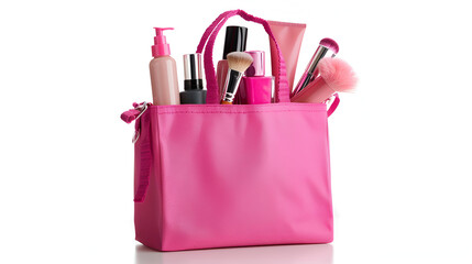 Pink shopping bag with various cosmetics isolated on white background generative ai