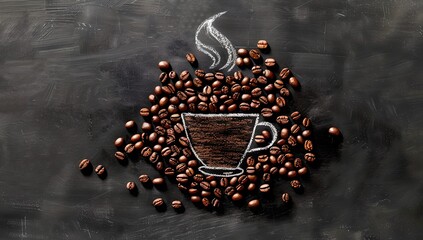Coffee beans arranged in the shape of a steaming cup. Creative conceptual art for cafe promotions and coffee lovers. Image features realistic coffee beans on a chalkboard background. AI
