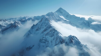 A photo featuring snow-covered Alpine peaks captured from an aerial perspective with a drone. Highlighting the rugged, icy terrain of the mountains, while surrounded by a blanket of pristine snow