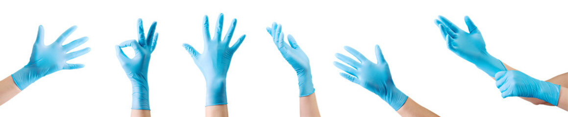 Doctor's hand in sterile medical gloves showing gesture or something on white