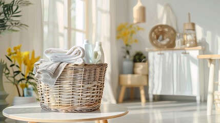 Basket filled with white clothes and yellow flowers.