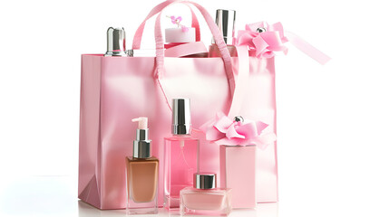 Pink shopping bag with various cosmetics isolated on white background generative ai