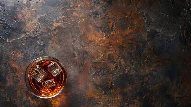Whisky, bourbon or cognac. Hard strong alcoholic drink, place for text, top view