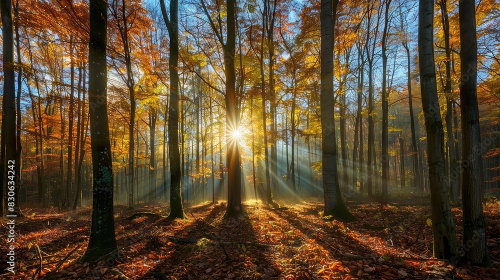 Poster sunshine filtering through the trees in a fall forest