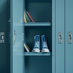 pair of shoes is placed on a shelf in a locker
