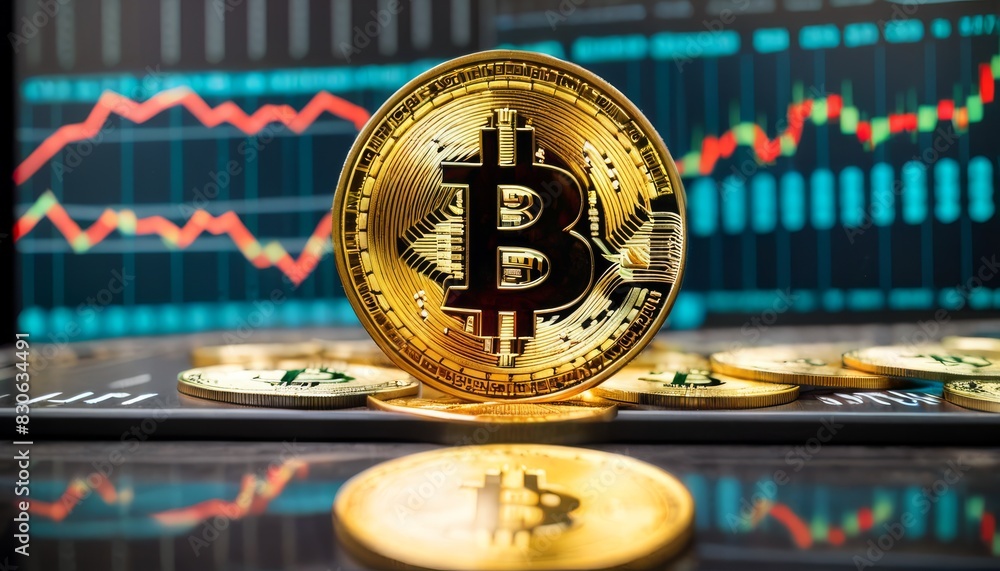 Poster a single golden bitcoin stands prominently against a blurred background of financial market graphs d