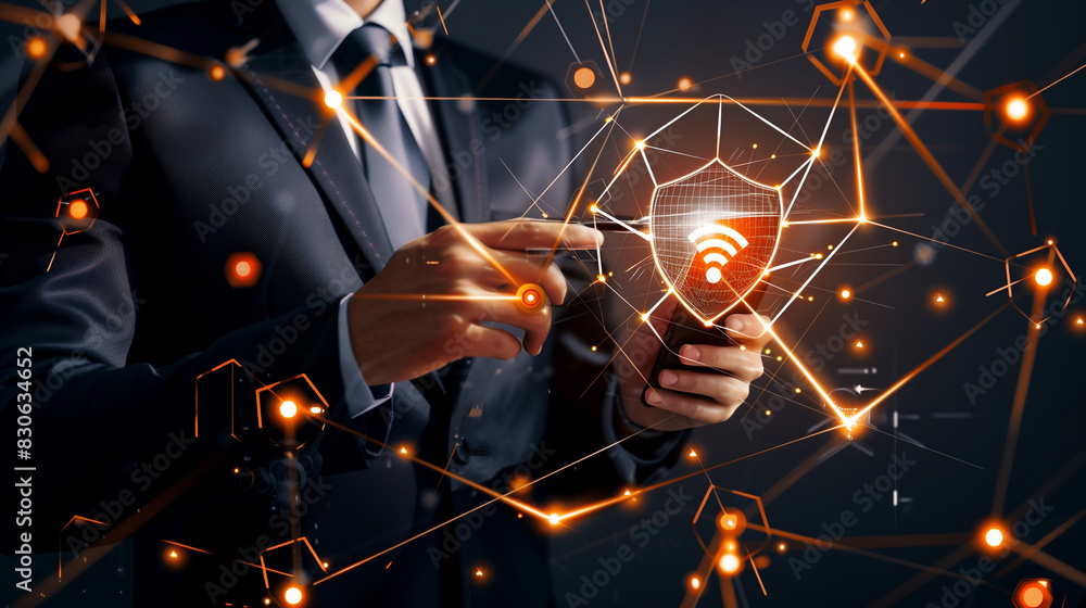 Poster a business professional interacts with a smartphone displaying a security shield, representing the c