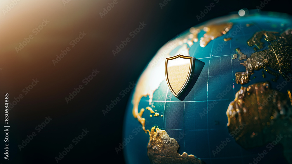 Poster a globe with a security shield attached, symbolizing global data protection and cybersecurity.