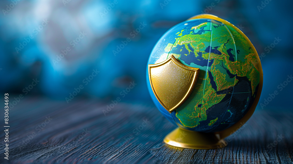 Poster a globe with a security shield attached, symbolizing global data protection and cybersecurity.