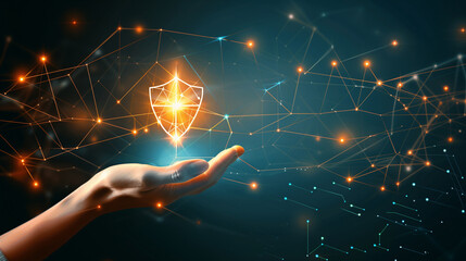 A hand reaches out to a glowing security shield, symbolizing network security and protection in a digital world.