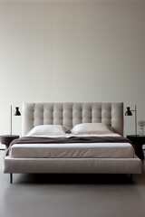 a bed with a white headboard and two black lamps