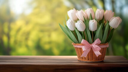 Beautiful spring tulips in a wicker basket with a pink ribbon on a wooden table against a blurred green nature background, Mother's Day card template.