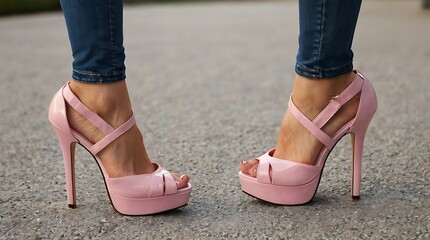  pair of pink high heel sandals with ankle straps.