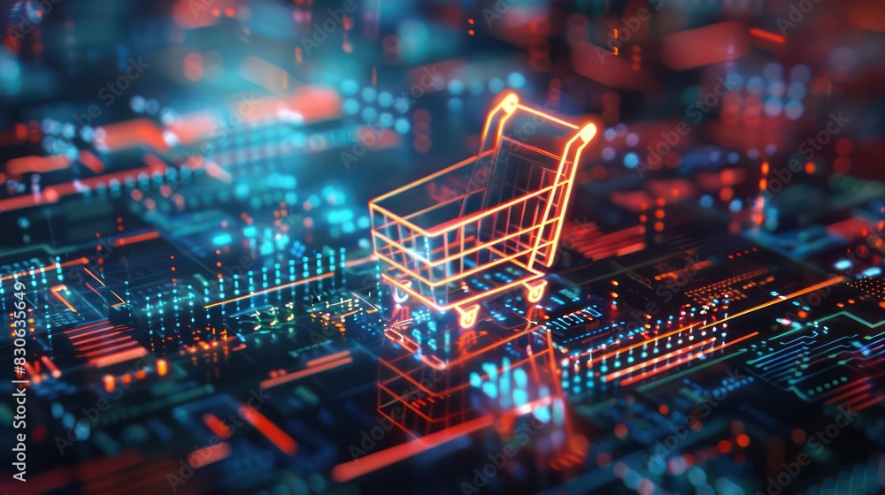 Poster an abstract 3d render of a holographic shopping cart icon surrounded by glowing code and futuristic 
