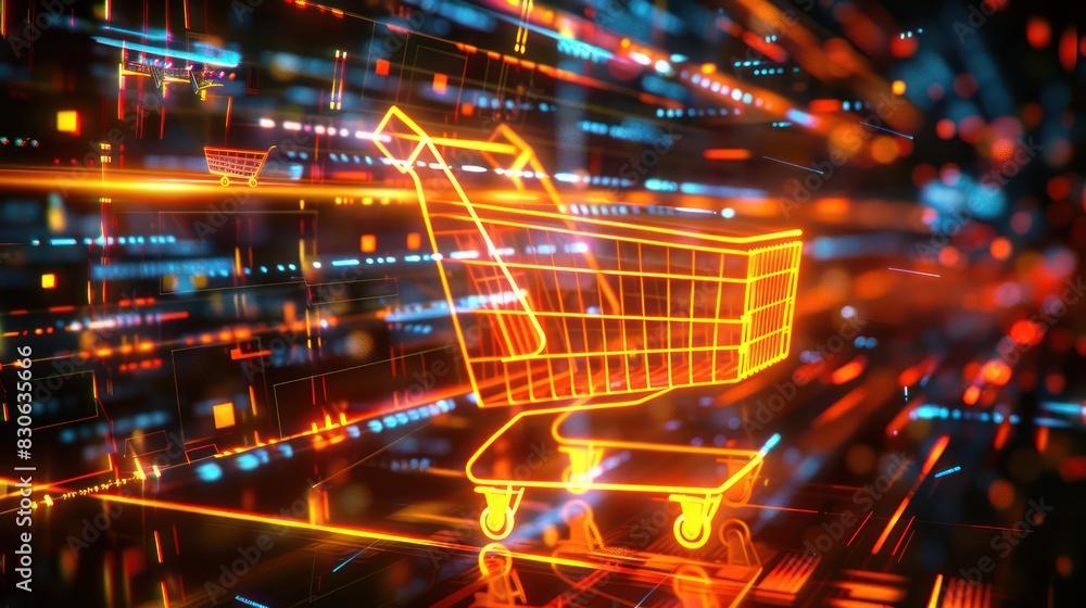 Poster an abstract 3d render of a glowing shopping cart icon, with light trails and digital effects creatin