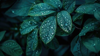Obraz premium Beautiful blue leaves with water drops, nature background, dark green plants texture, banner design in the style of nature Generative AI