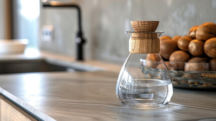 Glass carafe with wooden stopper on a modern kitchen countertop.