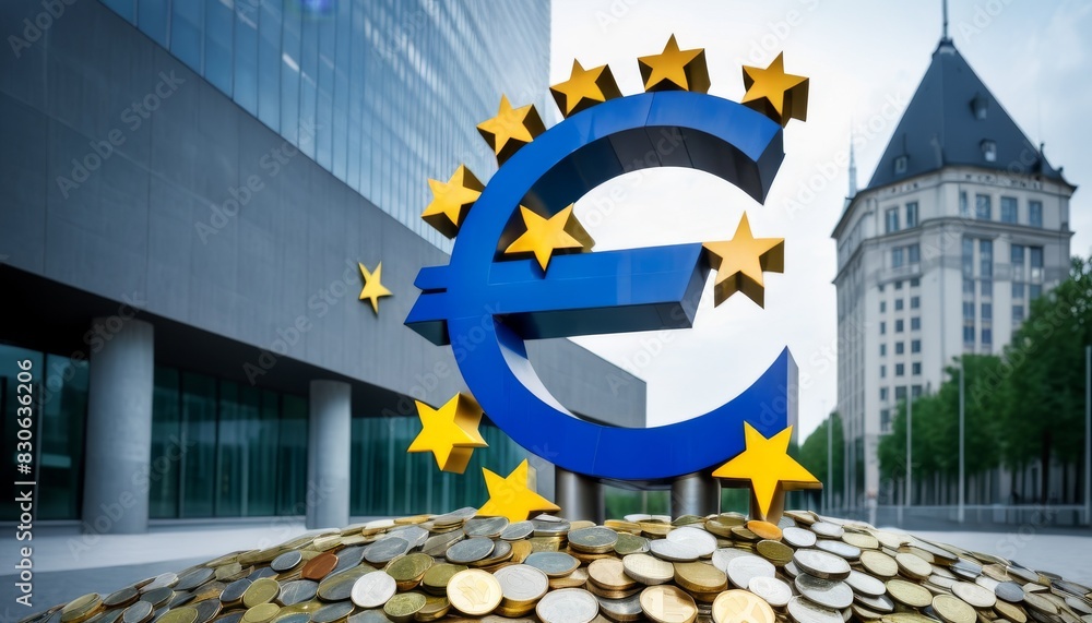 Wall mural the towering euro currency symbol stands amid a pile of gold coins in front of a modern building, ev