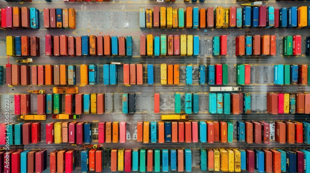 Poster an aerial view of a modern industrial port with colorful containers arranged in geometric patterns, 