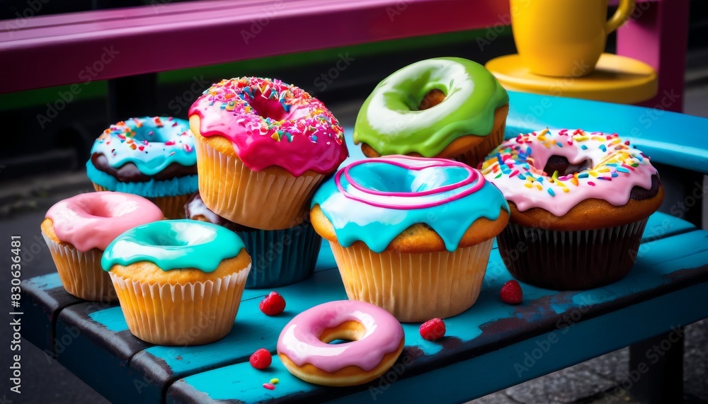 Poster a colorful selection of cupcakes with bright icing and sprinkles, artistically displayed on a bench.