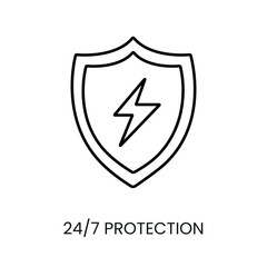 24 on 7 protection line vector icon for packaging on cctv camera with editable stroke