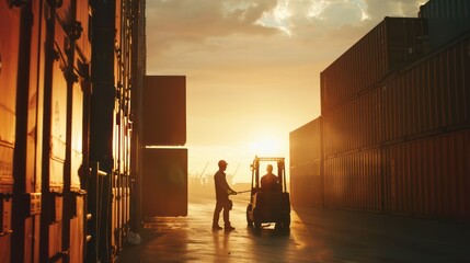 An atmospheric image of a forklift operator guiding a container box onto the deck of a cargo ship, emphasizing the teamwork involved in logistics. 