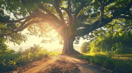 Abstract background of route and journey amidst the big tree and beautiful nature .AI GENERATION