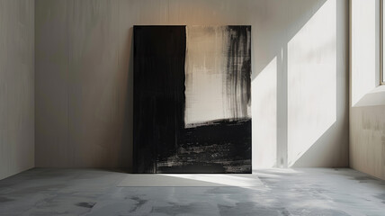 Abstract black and white painting in a minimalist room with sunlight.