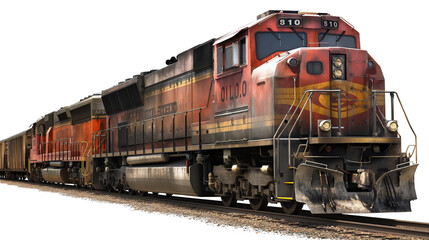 Long Red and Black Train engine on Track isolated on white