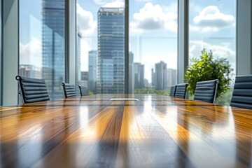 Wooden conference table top in glass room with city view, product display template