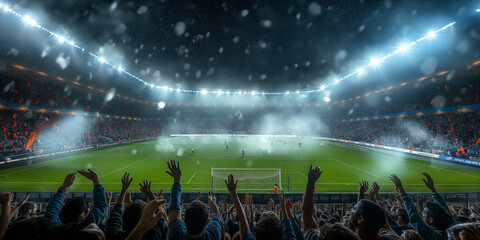 Excited soccer fans cheer in a brightly lit stadium during a thrilling night match, creating a vibrant and energetic atmosphere.