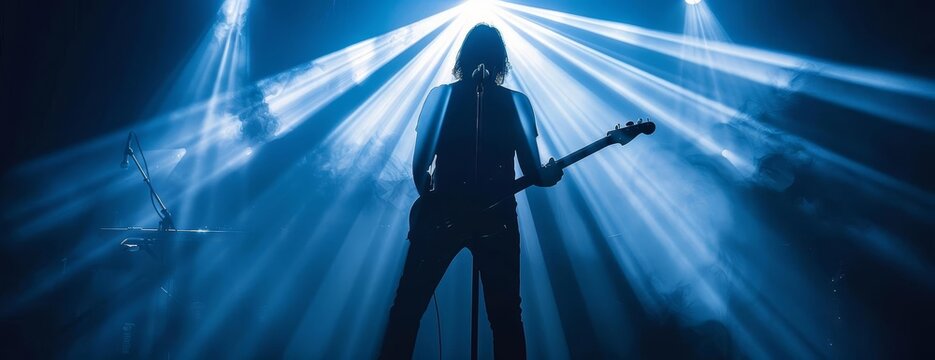 A rock star on stage, playing guitar and singing into a microphone. The stage is lit up with blue lights.