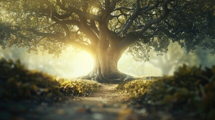 Abstract background of route and journey amidst the big tree and beautiful nature .AI GENERATION