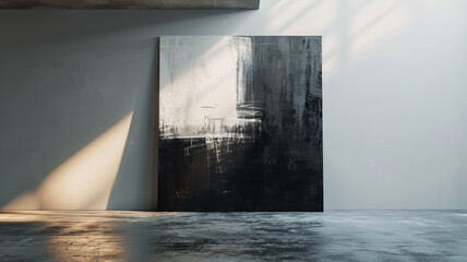Large abstract black and white painting in an empty room with sunlight.