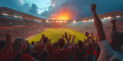 Excited crowd of sports fans in a stadium cheering, with dramatic lightning and sunset in the...