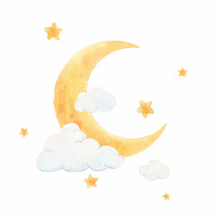 Beautiful childish watercolor hand drawn illustration with cute moon with clouds and stars. Kid's clipart print. Stock baby illustration.