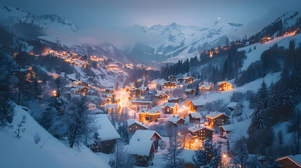 A photo featuring a quaint Alpine village nestled in a snowy valley captured from above. Highlighting the charming chalets and twinkling lights, while surrounded by towering, snow-capped mountains