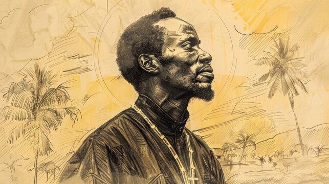 St. Charles Lwanga in Martyrdom in 19th-Century Uganda, Biblical Illustration, Beige Background, Copyspace