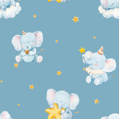 Beautiful childish watercolor hand drawn seamless pattern with cute baby elephants. Kid's clipart print. Stock baby illustration.