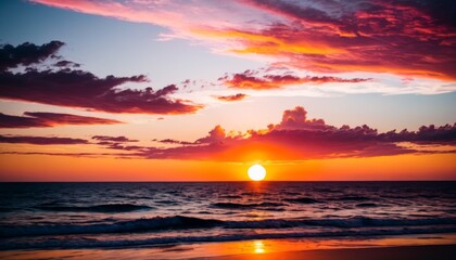 Obraz premium A stunning sunset paints the sky in vibrant orange and purple hues over a peaceful ocean, inspiring awe.. AI Generation