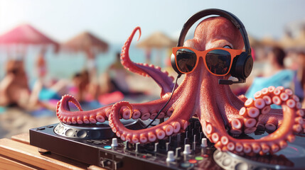 Octopus DJ Wearing Orange Sunglasses And Headphones, Operating DJ Mixer At A Beach Party
